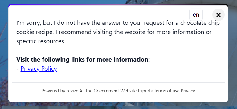 strixtle's tweet photo. I then asked for a recipe for chocolate chip cookies which directed me to your privacy policy page which was a 404 Not Found error. So maybe you need to rethink this AI bullshit on your city's website. https://t.co/sr8PkFEcbK