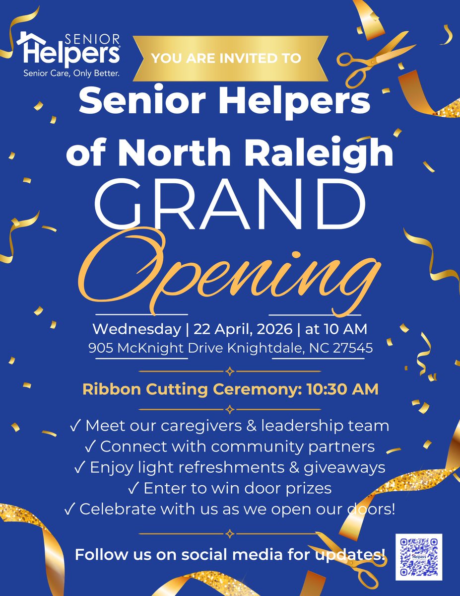 raleighchamber's tweet image. Senior Helpers of North Raleigh is hosting an #OpenHouse on April 22 at 10 a.m. Visit 905 McKnight Drive, Suite C in Knightdale for a risk assessment game, information stations, breakfast bites, and raffles. #WelcometotheChamber