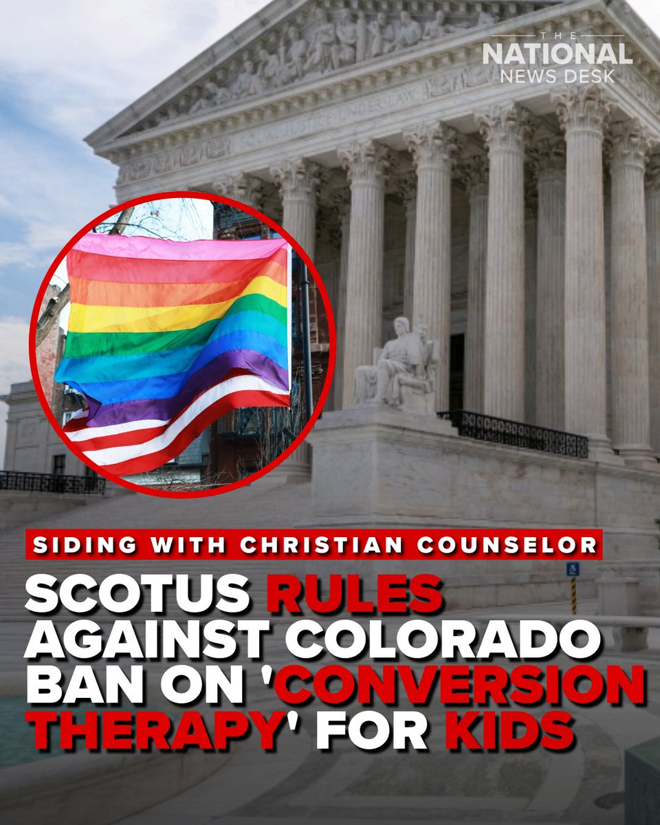 TND's tweet image. The Supreme Court ruled against Colorado's ban on "conversion therapy" for LGBTQ+ children in Colorado, siding with a Christian counselor who argued the restriction violates her First Amendment rights. 

READ MORE: bit.ly/4sFH2Qj  

#scotus #colorado #lgbtq #news
