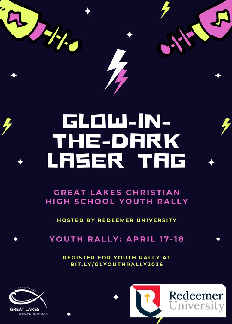 At this year's Youth Rally, Redeemer University is hosting a game of Glow-in-the-Dark Laser Tag throughout our school building! Register for Youth Rally at bit.ly/GLYouthRally20… so you can participate in this ultimate showdown!