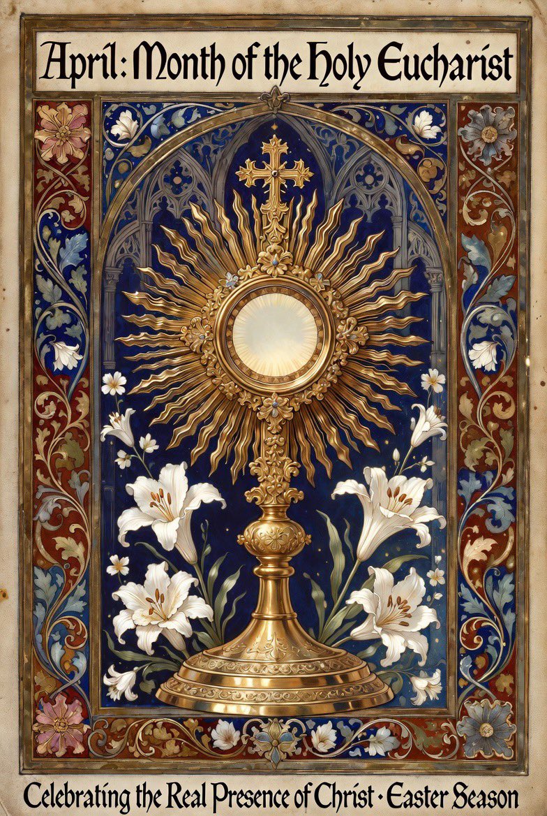 father_rmv's tweet photo. Catholic tradition dedicates the month of April to the Holy Eucharist (with some sources also associating it with the Holy Spirit).

This observance stems from the frequent alignment of the Easter season with April. Easter, of course, commemorates the Resurrection of Jesus Christ, while the Holy Eucharist, instituted by the Lord on Holy Thursday, serves as the living memorial of His Passion, Death, and Resurrection. The Holy Eucharist is the Real Presence of Jesus Christ—Body, Blood, Soul, and Divinity, under the appearances of bread and wine. 

“We believe that as the bread and wine consecrated by the Lord at the Last Supper were changed into His body and His blood which were to be offered for us on the cross, likewise the bread and wine consecrated by the priest are changed into the body and blood of Christ enthroned gloriously in heaven, and we believe that the mysterious presence of the Lord, under what continues to appear to our senses as before, is a true, real and substantial presence.” (St. Paul VI, Credo of the People of God, 1968)

During April, which often falls within or overlaps the Easter season, the faithful are encouraged to deepen their devotion through increased participation in the Holy Mass, Eucharistic Adoration, and related prayers. This fosters greater reverence for the Blessed Sacrament as the “source and summit” of Christian life.