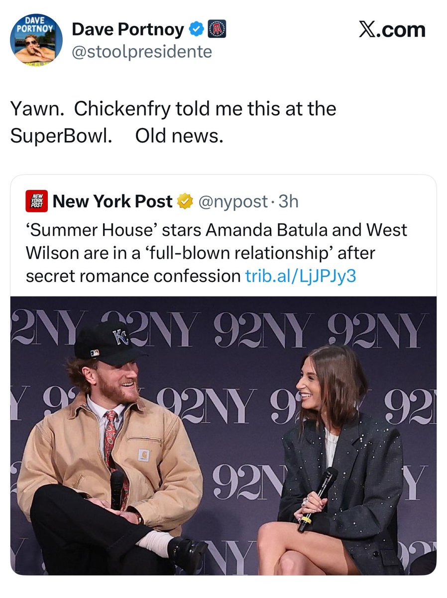 HousewivesHub's tweet image. Dave Portnoy claims that he’s known about Amanda Batula and West Wilson’s secret romance from Brianna “Chickenfry” LaPaglia since the Super Bowl in February.
