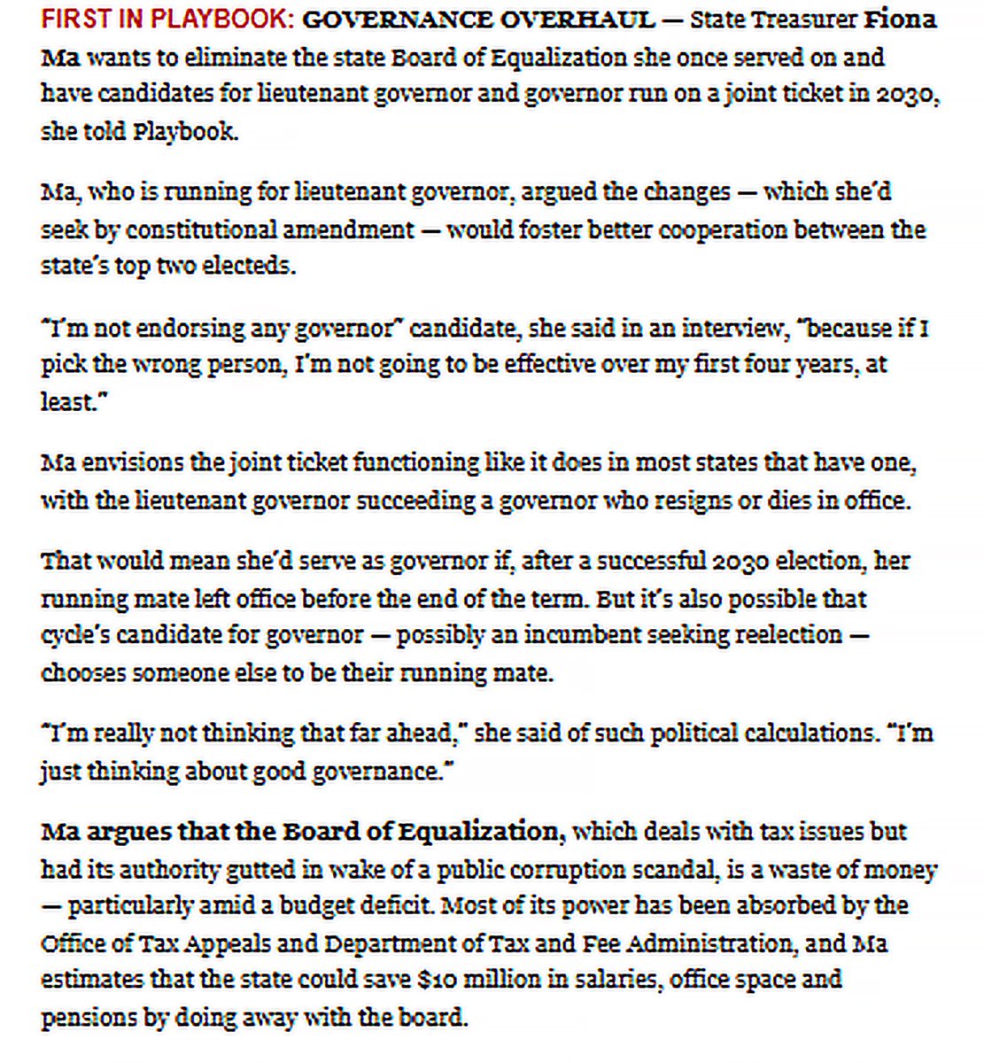 fionama's tweet photo. California governance is due for an overhaul. 
✅ Eliminate the Board of Equalization (saving $10M!)
✅ Move to a joint Governor/Lt. Governor ticket by 2030
✅ Focus on “good governance” over political calculations
It’s time to streamline Sacramento.

#CAleg #FionaMa #LtGov #PoliticalNews
@politicoca @sacbee_news @latimes @sfchronicle
