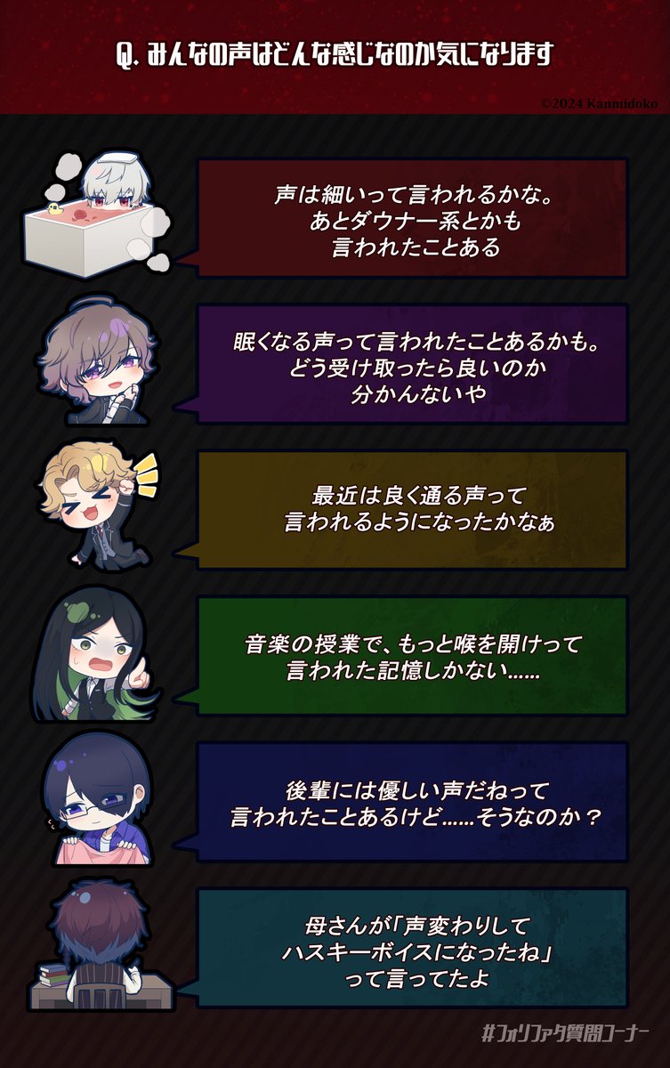 kanmidoko_info's tweet photo. ❤️‍🩹 #フォリファタ質問コーナー ❤️‍🩹
本日は声についての質問です🗣️ https://t.co/zFPv95cQsc