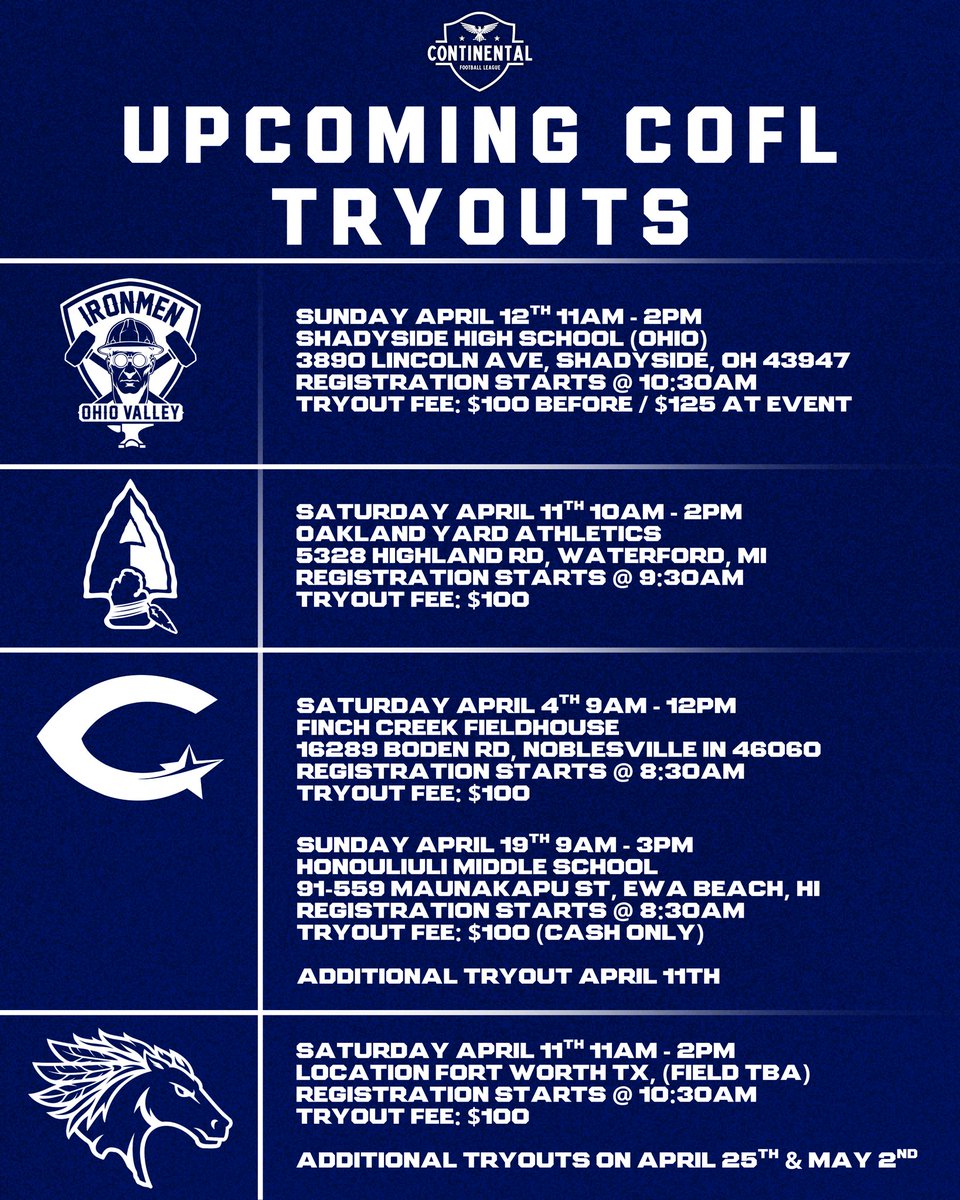 coflfootball's tweet photo. Updated CoFL Tryouts list! 

The Capitols had a fantastic showing this past Saturday! Their next tryout has been added to the graphic!

Will we see you at these tryouts? You bring the talent and we will bring the opportunity! 

#CoFLFootball | #CoFL2026 https://t.co/07h5ihEAkQ