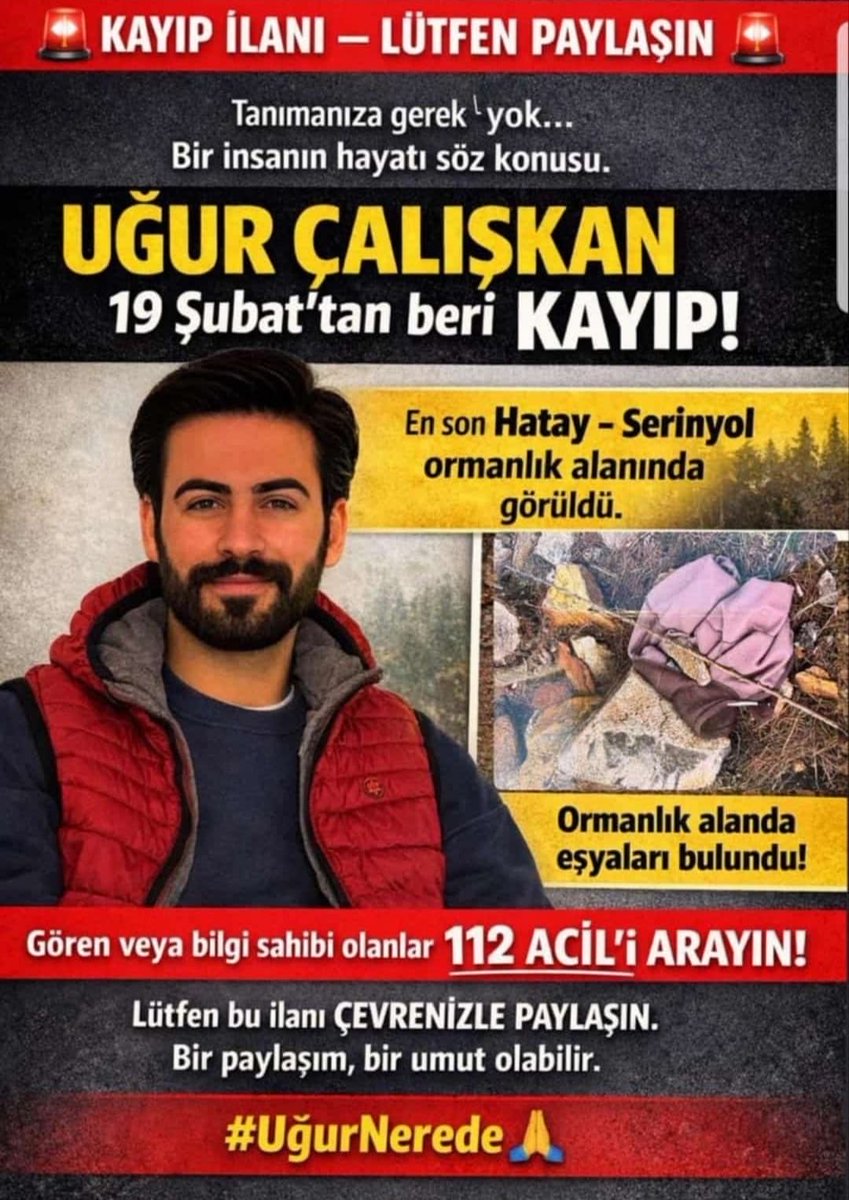 Eroclskn's tweet photo. 19 Şubata kaybolan Uğur Çalışkan daha bulunamadı . Hatay'da ne oldu da bulunamıyor ? Bugün 40 gün oldu. @TC_icisleri 
#Uğurnerede
#UğurÇalışkanNerede https://t.co/vG6NAHY83R