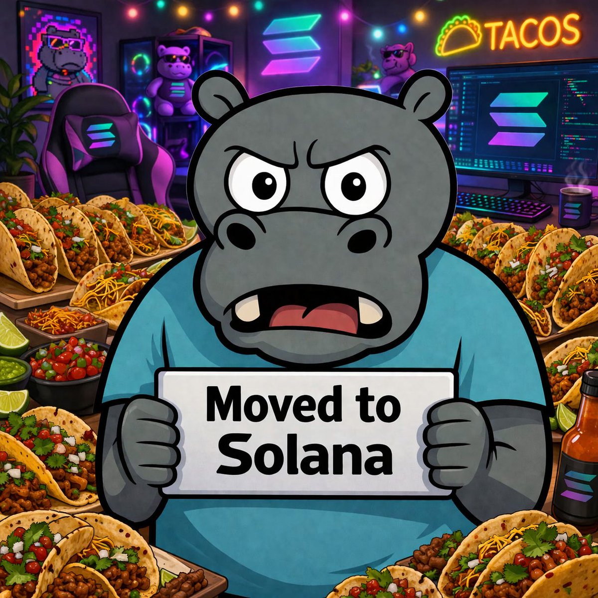 ForeverAngryHQ's tweet photo. It's Taco Tuesday which means .. you need to get your NFT's swapped over to Solana from Apechain. Please open a ticket in our Discord OR send us a DM to get it started. You will not receive any rewards on Apechain. https://t.co/7hzWQNYRmi