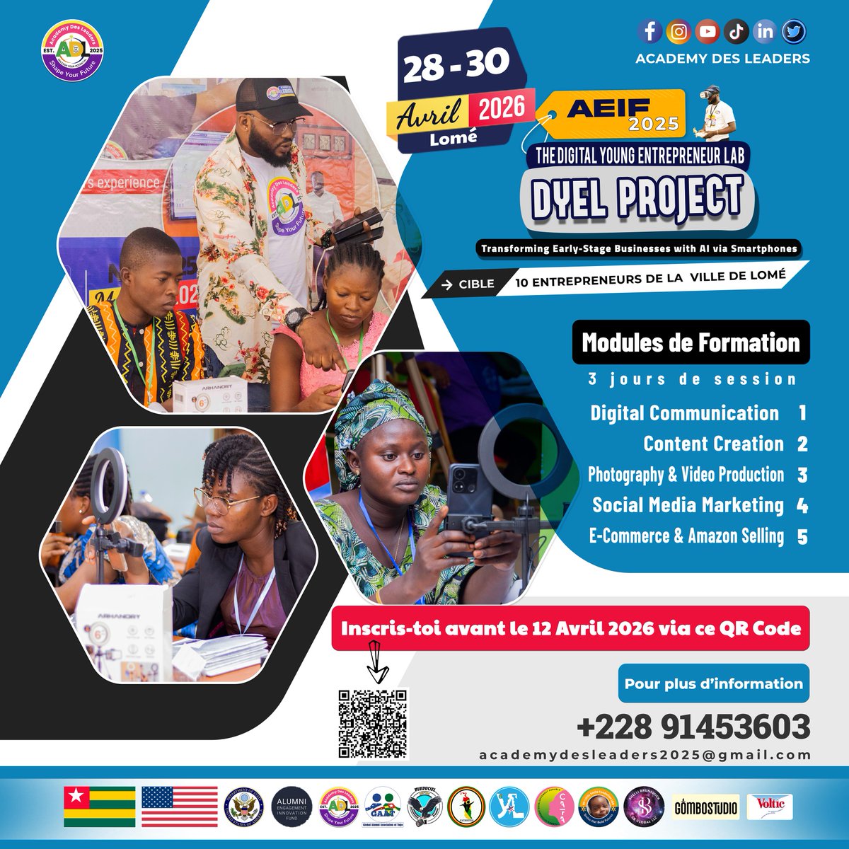 AcademyDesLeade's tweet photo. 🚀 Call for Applications: Digital Young Entrepreneurs Labs (DYEL) – Lomé, Togo 🇹🇬

Entrepreneurs (2+ yrs exp), boost your digital presence &amp; go global!

📅 Apr 28–30, 2026
⏳ Deadline: Apr 12
Apply now: https://t.co/hKCN21GkAC

#DYEL #Togo #Entrepreneurship  @USEmbassyLome https://t.co/2dKq1l6ZJJ