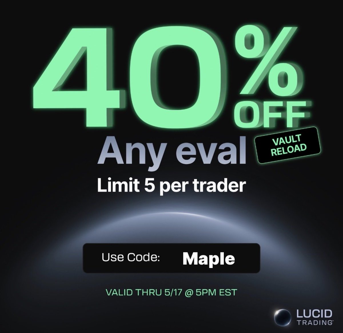 MapleStax's tweet photo. Lucid trading

No funded consistency rule, simple rules and they pay out

$60 for 25k

40% off with code “maple” https://t.co/gUexHFXJv4