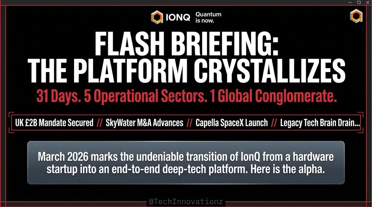 $IonQ  March 2026 is over. Time to count.

7 senior hires. £2B UK quantum package. €1B Italy investment. S-4/A filed. Capella satellite launched. DARPA naming Vector Atomic. Monroe on Capitol Hill.

31 days. Here's everything. 🧵👇