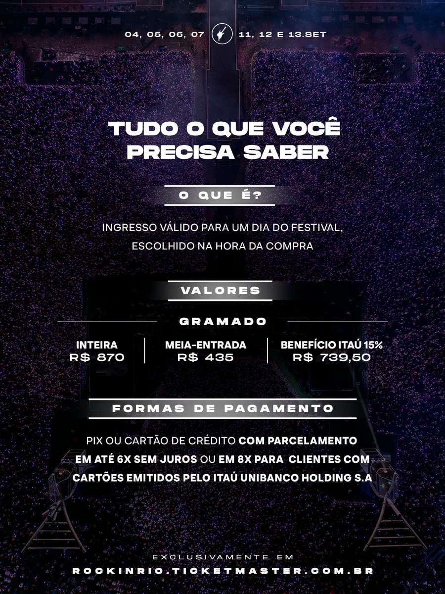 igorogh's tweet photo. 🚨 ROCK IN RIO: VENDA GERAL! Será no dia 26 de maio, às 12h! ⏰

🎟️ Clientes Itaú e associados Rock in Rio Club saem na frente com pré-venda exclusiva em 19 de maio, às 12h.

Valores:

Gramado: R$ 870 
Meia-entrada: R$ 435 
Itaú (15% de desconto): R$ 739,50 #RockinRio2026 https://t.co/aAvYyfmLrN