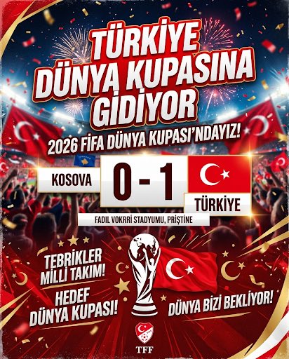 Feneristcom's tweet photo. TÜRKİYE, 2026 DÜNYA KUPASINA GİDİYOR

Kosova 0-1 Türkiye

TEBRİKLER TÜRKİYE 🇹🇷 https://t.co/P1g9qKd63y