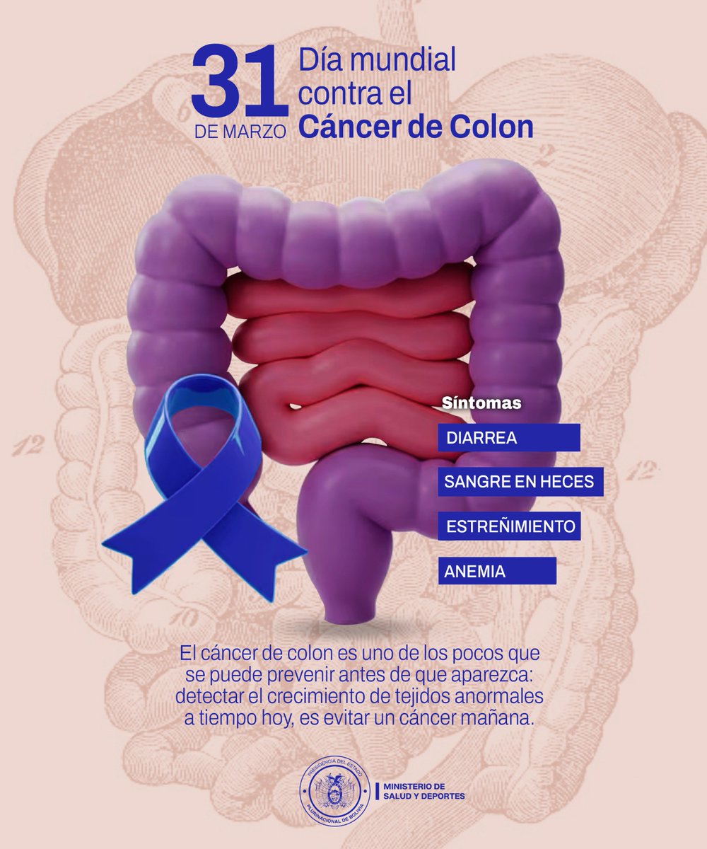 SaludDeportesBo's tweet photo. ⚕️ Día Mundial contra el Cáncer de Colon
La prevención y la detección temprana son clave para salvar vidas. 💚
Adopta hábitos saludables y acude a tus revisiones médicas periódicas.
#SaludBolivia #SiempreBolivia #Prevención #DetecciónTemprana #CancerDeColon https://t.co/VPI6GaqmmX