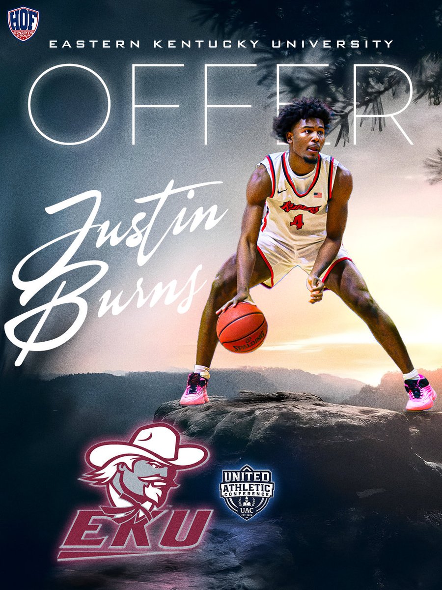 HofSportsGroup's tweet photo. Blessed &amp; thankful to share 6’7 W/F Justin Burns has received another D1 offer from Eastern Kentucky University (UAC) after a great conversation with Coach AJ Clark.
Appreciate the staff believing in him and his game!

#HOF #UAC #GoColonels https://t.co/ateSkLVpJ1
