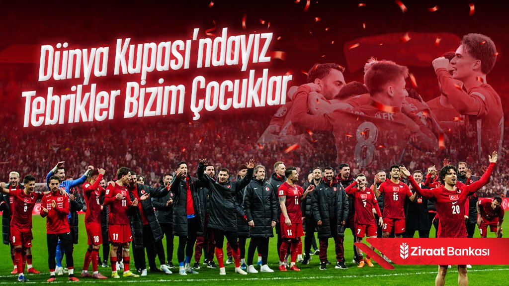 ziraatbankasi's tweet photo. Dünya Kupası'ndayız! 🇹🇷
Tüm Türkiye'yi gururlandıran A Milli Futbol Takımımızı yürekten kutluyoruz.
Tebrikler #BizimÇocuklar! https://t.co/ZJ5MGdcv9x
