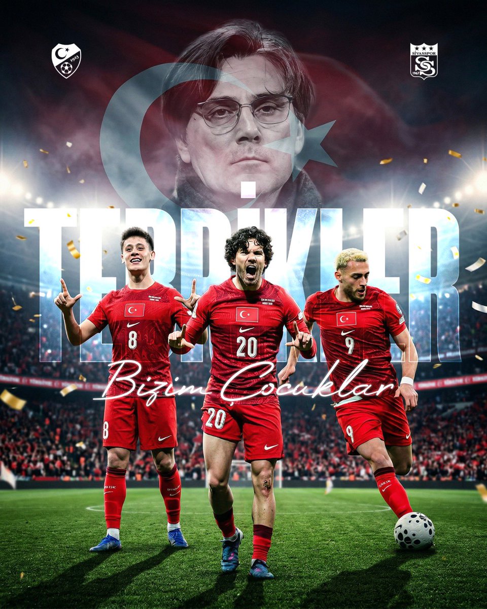 Sivasspor's tweet photo. Tebrikler Bizim Çocuklar! 🇹🇷

A Millî Takımımız, Kosova’yı 1-0 mağlup ederek Dünya Kupası’na gitmeyi başardı!

Büyük bir mücadele, büyük bir gurur! 
Helal olsun size! ❤️🤍

#BizimÇocuklar https://t.co/EJPX6too8H