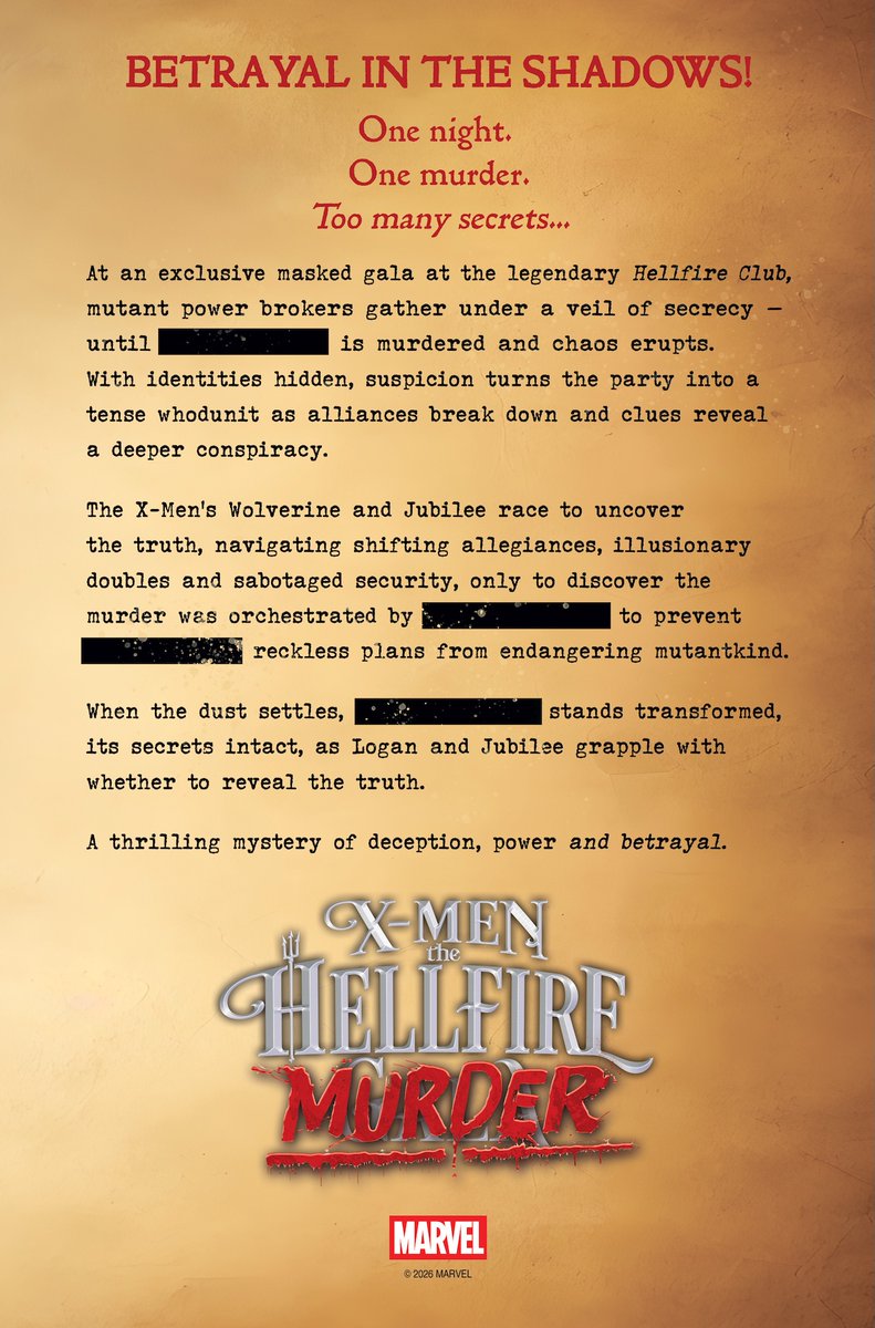 AIPTcomics's tweet image. Murder crashes the Hellfire Gala 💀🔥

#MarvelComics reveals #XMen: The Hellfire Murder #1, a July one-shot where a key mutant is killed at the masquerade. 

#Wolverine &amp;amp; Jubilee take the case!

Details, and designs by @LucianoVecchio:
aiptcomics.com/2026/03/31/x-m…