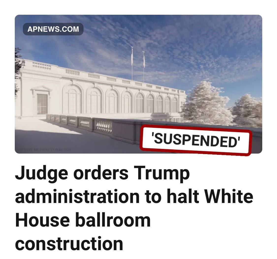 TheRealSantino's tweet image. ‼️BREAKING: A federal judge has ordered the Trump administration to halt construction of a $400 million ballroom at the White House until Congress approves it. U.S. District Judge Richard Leon granted a request from the National Trust for Historic Preservation, stating that the
