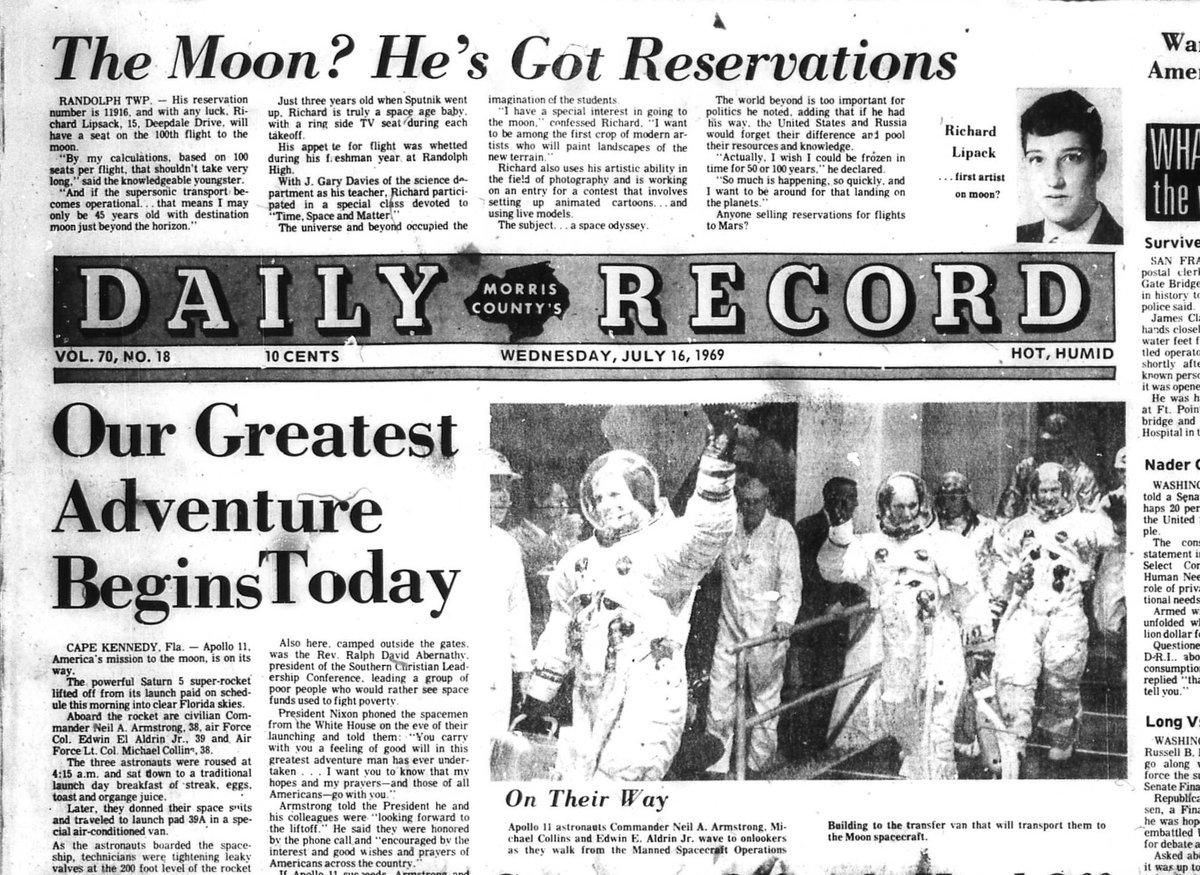 NJHistoryCenter's tweet photo. With Artemis II preparing to return American astronauts to lunar orbit, how did residents react to the 1st moon landing 57 years ago?

Many interviewed by the Daily Record described the thrill of discovery, others criticized the great expense, while businesses sought customers https://t.co/PIzdy6AYAo