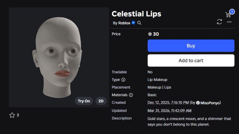 mattipav1's tweet photo. This is the first makeup item roblox has uploaded so far for 30 robux.
#Roblox #RobloxDevs #robloxplayer https://t.co/YTJbQLPtJW