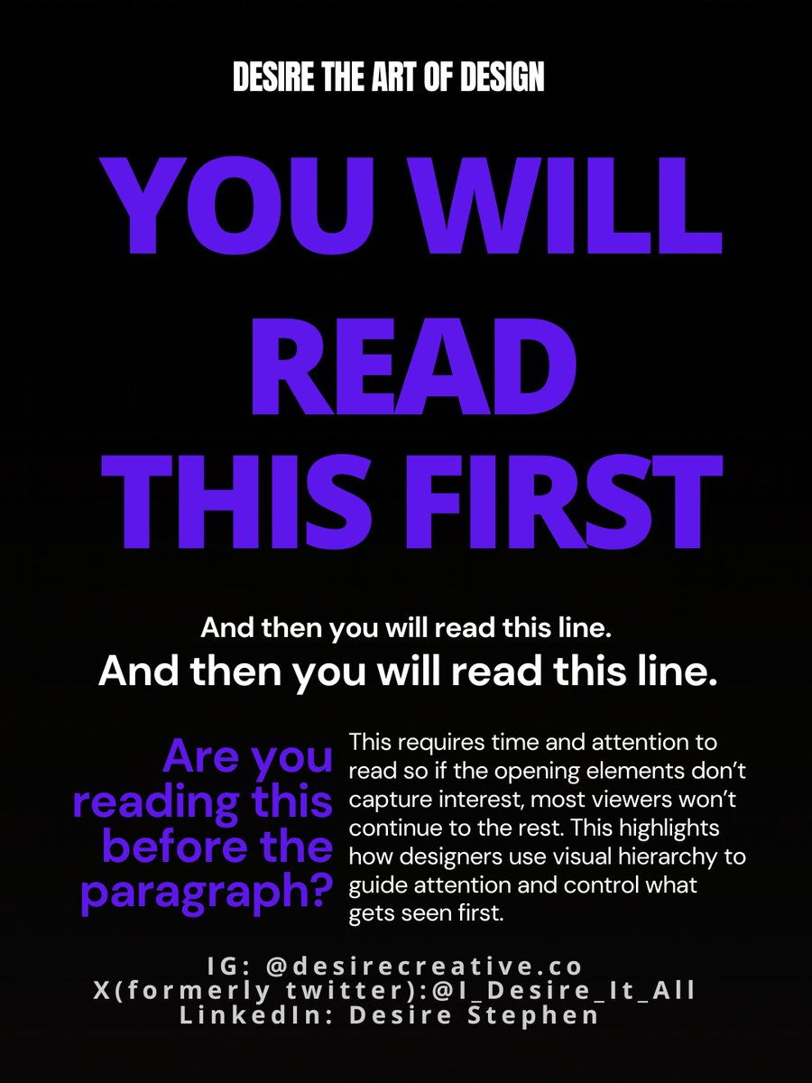 I_Desire_It_All's tweet photo. That’s the power of visual hierarchy guiding the viewer’s eye, controlling focus, and delivering the message effectively.
Good design speaks. Great design leads. #visualhierarchydesign #brandingstrategy #designpsychology #contentmarketingtips #creatorsbranding https://t.co/B6bLVCt0nE