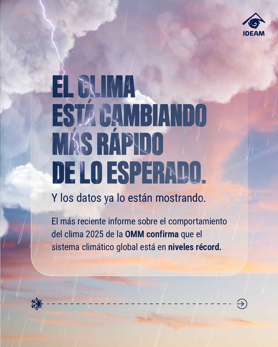 IDEAMColombia's tweet photo. Los datos más recientes lo confirman: el sistema climático global está alcanzando niveles récord, con impactos cada vez más evidentes en nuestro entorno y en la vida diaria.

Según la Organización Meteorológica Mundial,(@WMO)  los últimos 11 años han sido los más cálidos registrados y 2025 se posiciona entre los años más cálidos de la historia.

#IdeamInforma #CambioClimático  #CienciaParaLaVida