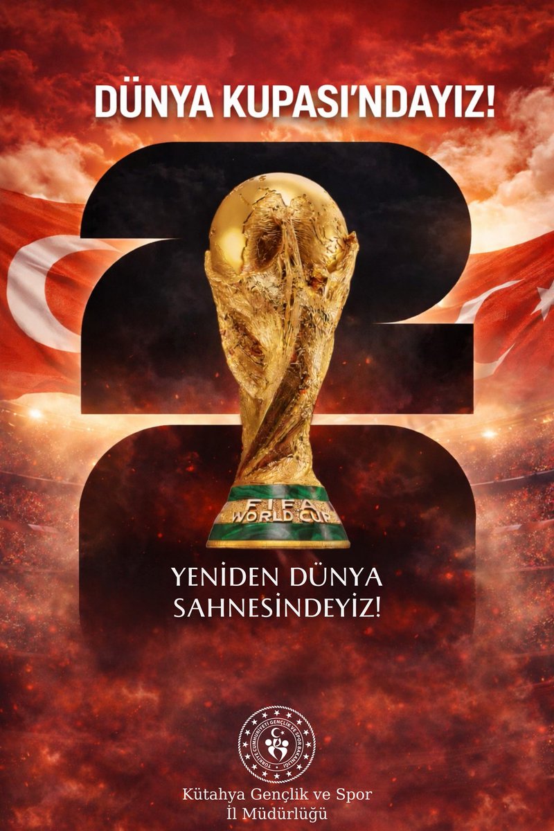 GSB_Kutahya's tweet photo. 🇹🇷 DÜNYA KUPASI’NDAYIZ!

Ay-yıldızlı bayrağımızı yeniden futbolun en büyük sahnesine taşıyoruz!

Milli Takımımızın azmi, inancı ve mücadelesiyle elde ettiği bu büyük başarı, tüm ülkemize gurur yaşattı.

Yeniden dünya sahnesindeyiz…
Şimdi hedef daha büyük, inanç daha güçlü! 💪 https://t.co/ACsFRzFyMb