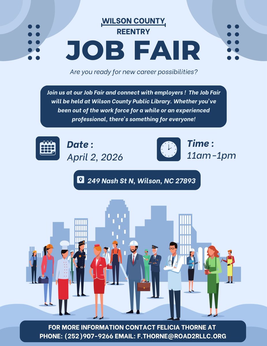ncworkforce's tweet image. April is Second Chance Month! Check out an upcoming event from our partners: the Wilson County #Reentry Job Fair on Thurs., April 2, from 11 am - 1 pm, at the Wilson County Public Library, 249 Nash Street North, Wilson, NC. #NCSecondChanceMonth #JobFair