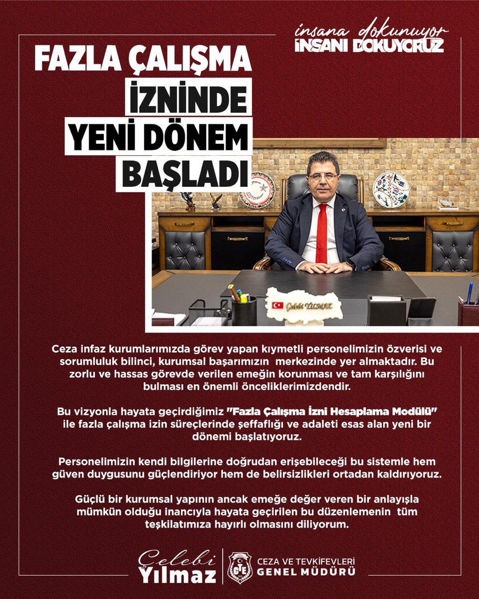FAZLA ÇALIŞMA İZİNLERİNDE DİJİTAL DÖNEM: İZİN HESAPLAMA MODÜLÜ HAYATA GEÇİRİLDİ 

Ceza infaz kurumlarında görev yapan personelimizin fazla çalışma izinleri, merkezi bir sistem bulunmadığından kurumlar tarafından kendi bünyelerinde hesaplanmakta ve bu durum uygulamada