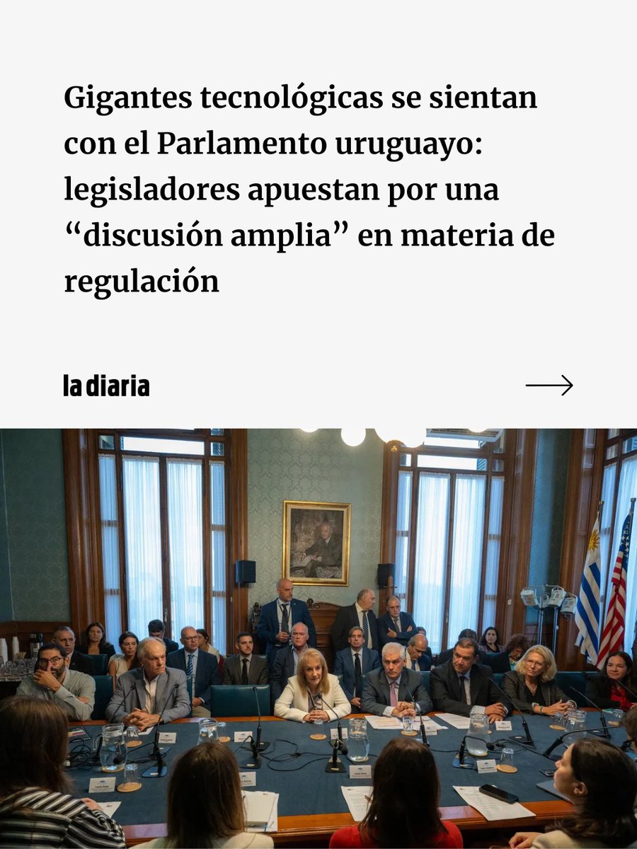 ladiaria's tweet photo. Representantes de Microsoft, Google, Amazon Web Services y Meta se reunieron con legisladores uruguayos para hablar de inteligencia artificial, datos y plataformas digitales, en un encuentro encabezado por Carolina Cosse y Rodrigo Goñi en el Palacio Legislativo. La señal política que quedó, según la diputada frenteamplista Sol Maneiro, es de cautela: antes de apurar nuevas regulaciones, el Parlamento quiere comprender mejor el impacto de estas tecnologías y abrir una discusión amplia, con foco en la protección de niños, niñas y adolescentes.