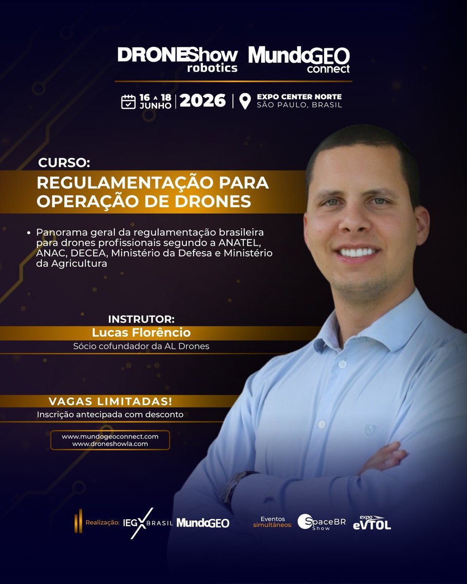 Curso na DroneShow 2026 abordará a Regulamentação para operação de drones. Inscrevendo-se em ao menos 1 atividade (curso, seminário ou fórum) você ganha ingresso nos 3 dias da feira. Inscrição com 30% 0ff só até 23h59 de hoje. Garanta sua vaga! mundogeo.com/2025/12/18/cur…