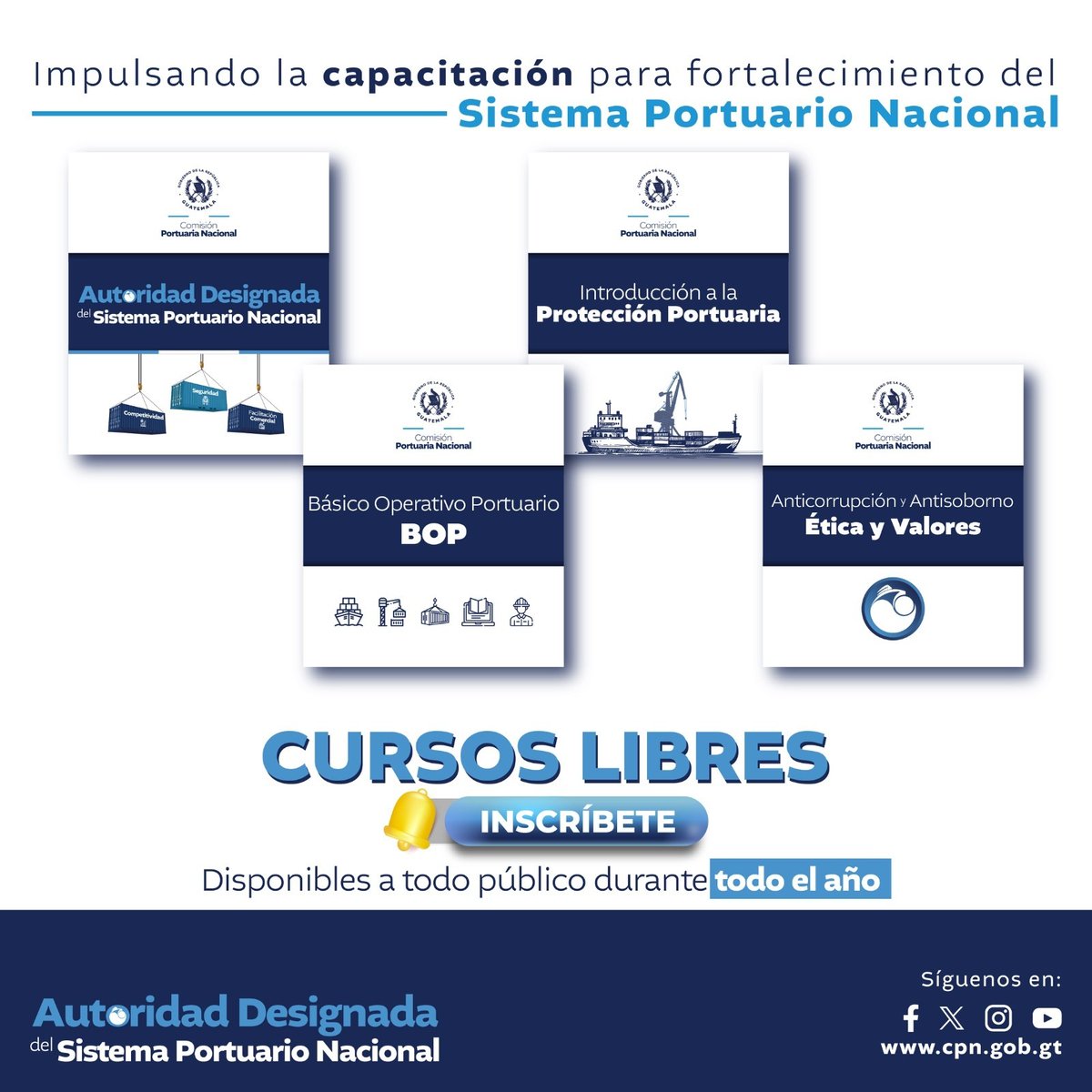 cpngobgt's tweet photo. 📘⚓️ Capacitación Portuaria

Fortalecemos el Sistema Portuario Nacional a través de programas de formación continua en modalidad virtual, diseñados para ampliar tus conocimientos y potenciar tus competencias.
 
🗓️Disponible para todo público, durante todo el año de manera gratuita.

Ahora puedes auto matricularte fácilmente y dar el primer paso para iniciar tus cursos de forma ágil y sencilla.

👉Inscríbete hoy: https://t.co/Y3Vo8RompP

@PortuariaEPQ @santotomasport @Chiquita