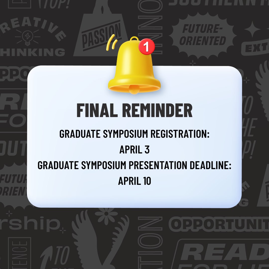 USM_GradSchool's tweet photo. Final reminder! 🎓 Don’t miss the Graduate Student Research Symposium happening April 16, 2026. Join us as graduate students from all programs showcase their research and innovation. We look forward to seeing you there!

#usmgraduateschool #southernmissgraduateschool #smttt 🦅 https://t.co/yfj0JkKAWa
