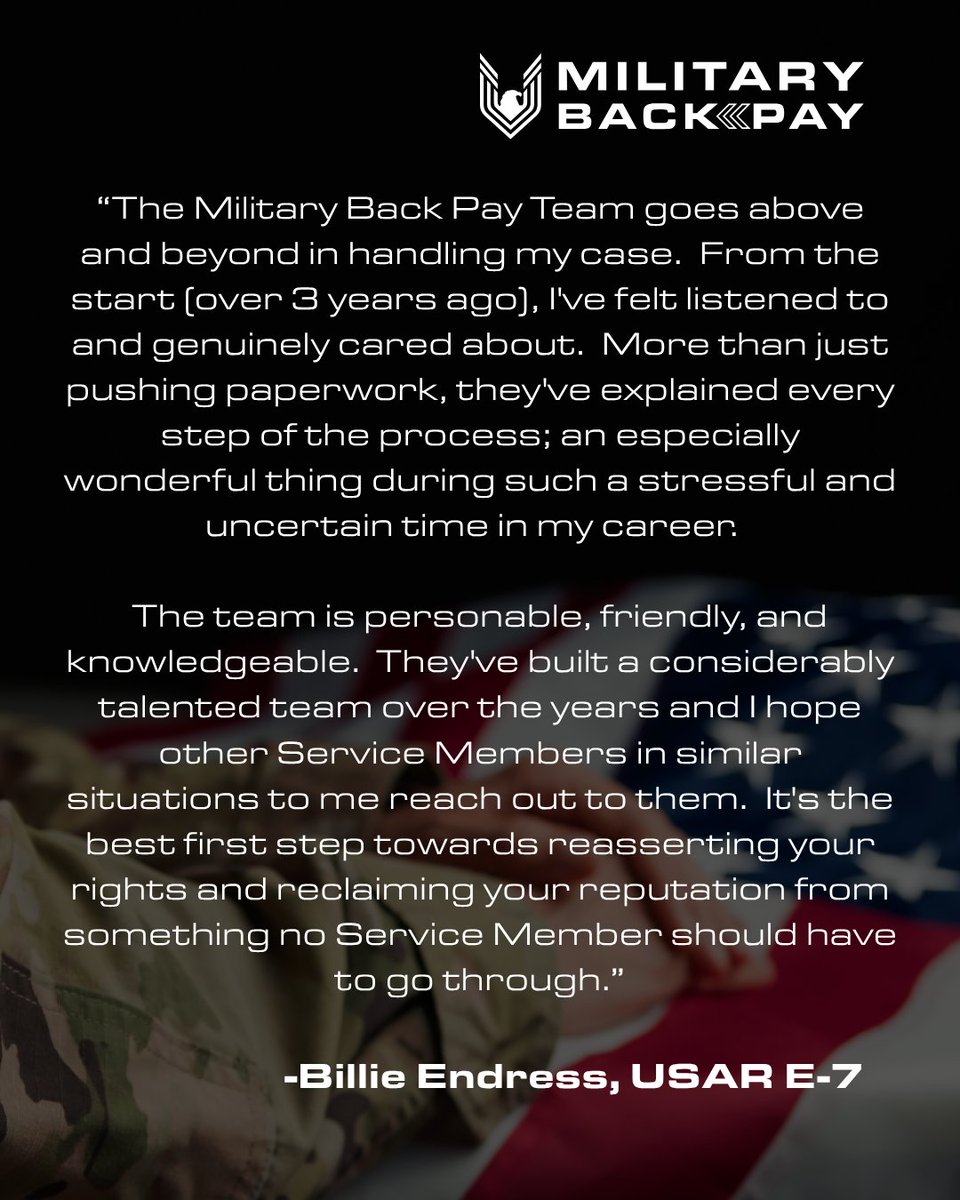 MilitaryBackPay's tweet image. Thank you to Billie Endress, USAR E-7, for sharing your experience.
Support, clarity, and respect matter,  especially during uncertain times.
#MilitaryBackPay #ClientTestimonial #ServiceMembers #TrustMatters