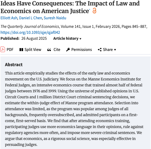 ML_Burn's tweet photo. Economists: We are a pure science that is above ideology. 

Also economists: Let's give federal judges an all expenses paid vacation to push a conservative agenda. https://t.co/kmts1PKJN2