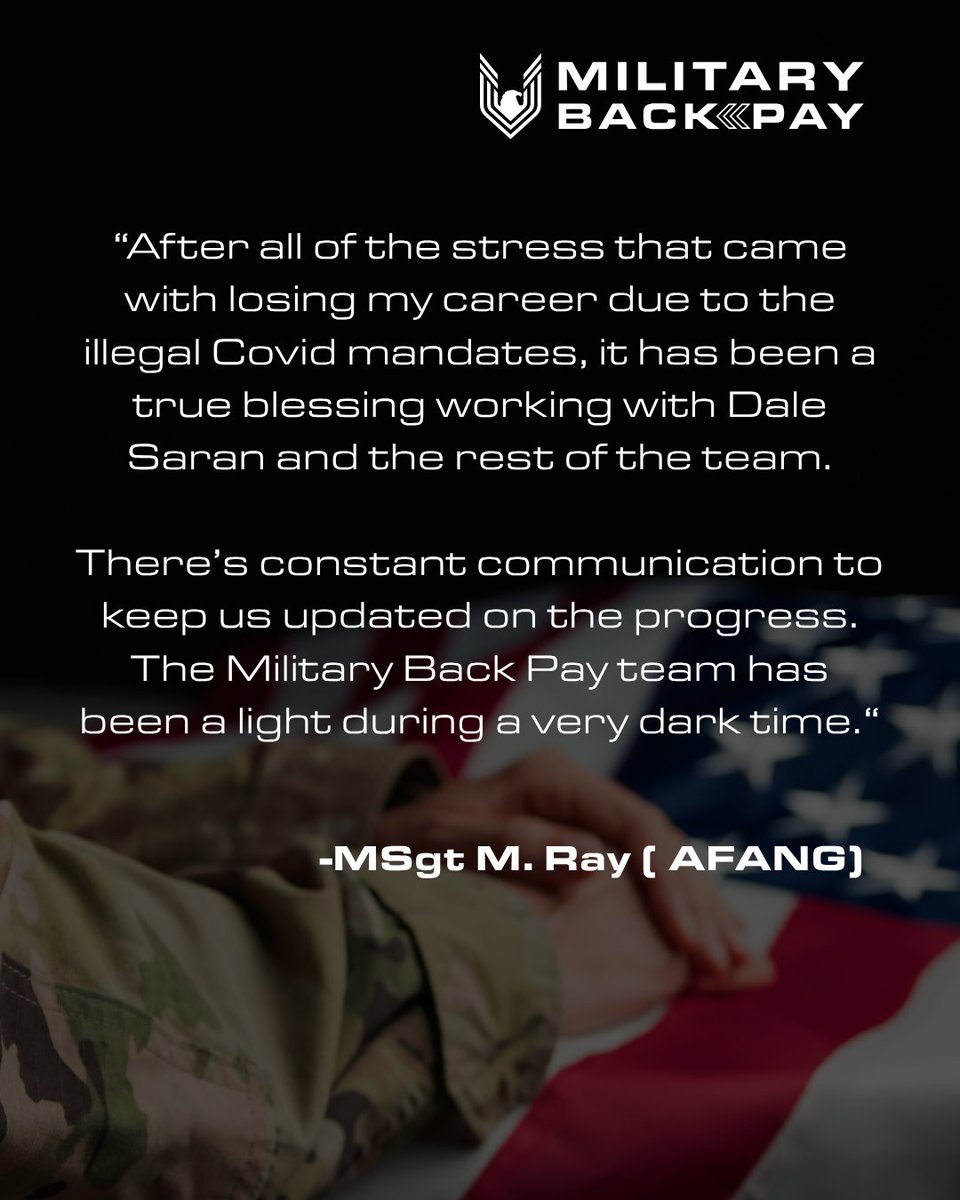 MilitaryBackPay's tweet image. Thank you to MSgt M. Ray (AFANG) for sharing her experience.
Support, communication, and trust matter, especially during difficult times.

#MilitaryBackPay #ClientTestimonial #ServiceMembers #TrustMatters