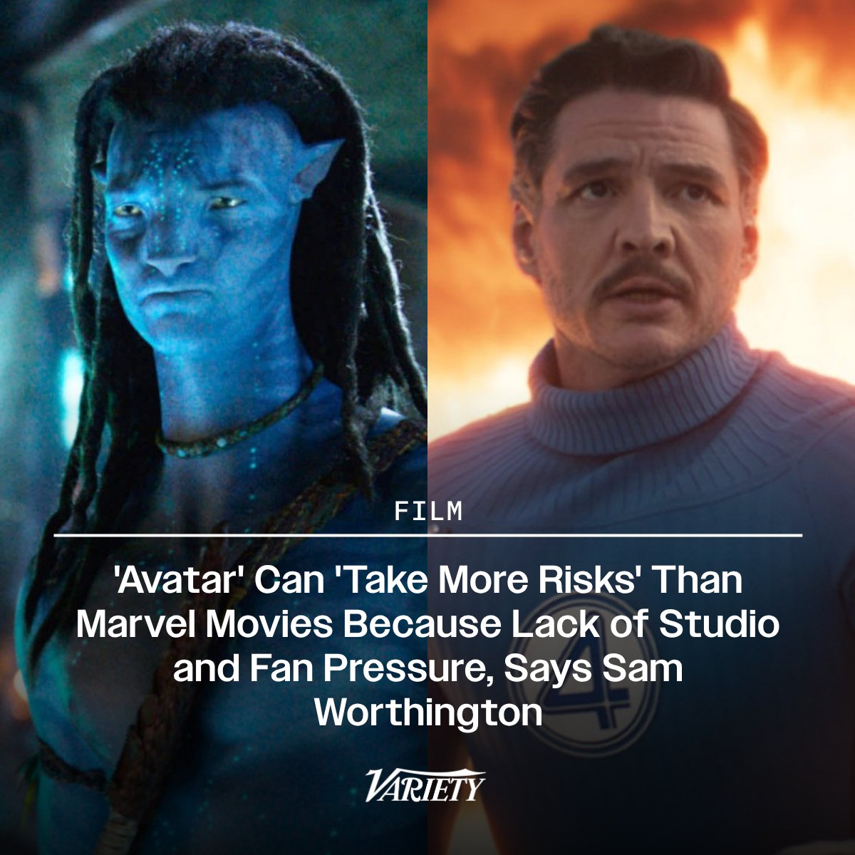 Variety's tweet photo. #Avatar can take "more risks" than Marvel movies because of a lack of studio and fan pressures, says franchise star Sam Worthington.

“We’re unlike Marvel movies, in the sense of… it feels like an independent movie when we make it. We don’t have outside pressures, or expectations from the press, or the studio, or the community. It doesn’t affect what we do. And that’s why we can take more risks. It’s not like we have to get scenes completed by today or the studio is going to be upset. We just play and create. People don’t understand that... They think it’s this big solid machine where [James Cameron] is the didactic director. And he’s not. He’s a painter.” (via The Independent)

https://t.co/4RhxP2vtey