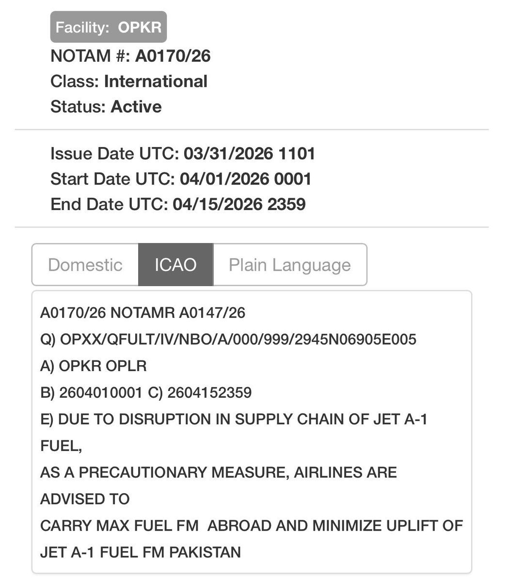 AlexInAir's tweet image. Pakistan &amp;amp; jet fuel crisis: Tonight, Pakistan has issued a NOTAM warning of ‘disruption in supply chain of jet fuel’ and advises airlines to carry maximum fuel from origin &amp;amp; to avoid refuelling in Pakistan 🛢️👇🏽
