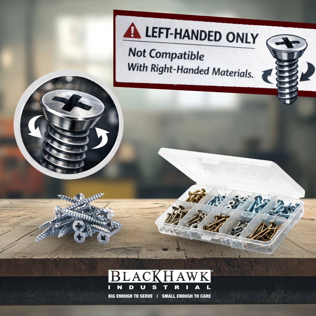BlackHawkInd's tweet photo. Introducing the newest innovation in fastening technology: The Left-Handed Screw. Exclusively for left-handers and completely incompatible with anything else. Available today only.

Happy April Fool’s 😉

#blackhawkindustrial #teamblackhawk #bigenoughtoservesmallenoughtocare https://t.co/9auA33C9te
