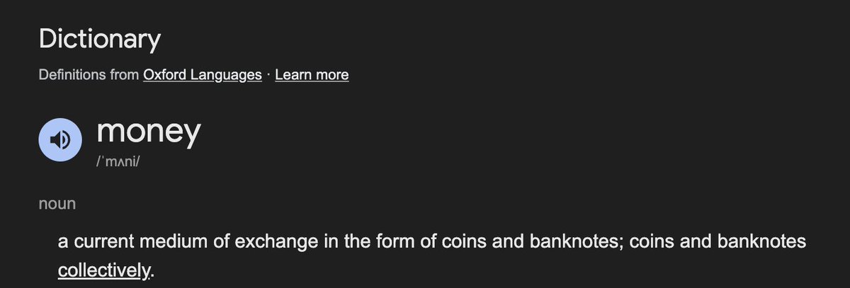 mert's tweet photo. a medium of exchange is not the defining characteristic of money

money is not what you transact in but what you think in

random thought that I just got after looking up money in the dictionary

the way you learn about money is through the barter problem (which is incorrect btw)

that is, I have potatoes and you have corn, and if I want corn and you want potatoes, then we trade

but if I don't want corn and you don't want potatoes, then we can't trade. therefore, we designate a medium of exchange and then use that for all other assets as well

the coincidence of double wants problem solved!

but now imagine you have tokenized all assets onchain and you have a colossal AMM that has all pairs

i.e corn/wheat, wheat/potatoes, potatoes/oil, oil/steel

ok now you have also solved the coincidence of double wants, you can trade any asset for any other asset

but there's still a problem, you can't make denominate rates consistently and thus you can't coordinate the economy

also, any asset that is not seasonal will not lose value with time and thus will get a monetary premium (hence gold) which will skew the price signal

therefore, the main functions must be i) unit of account, ii) store of value with iii) medium of exchange being a secondary function, in that order

or more succinctly, money is not the thing you transact in but the thing you think in

source: I made it up
