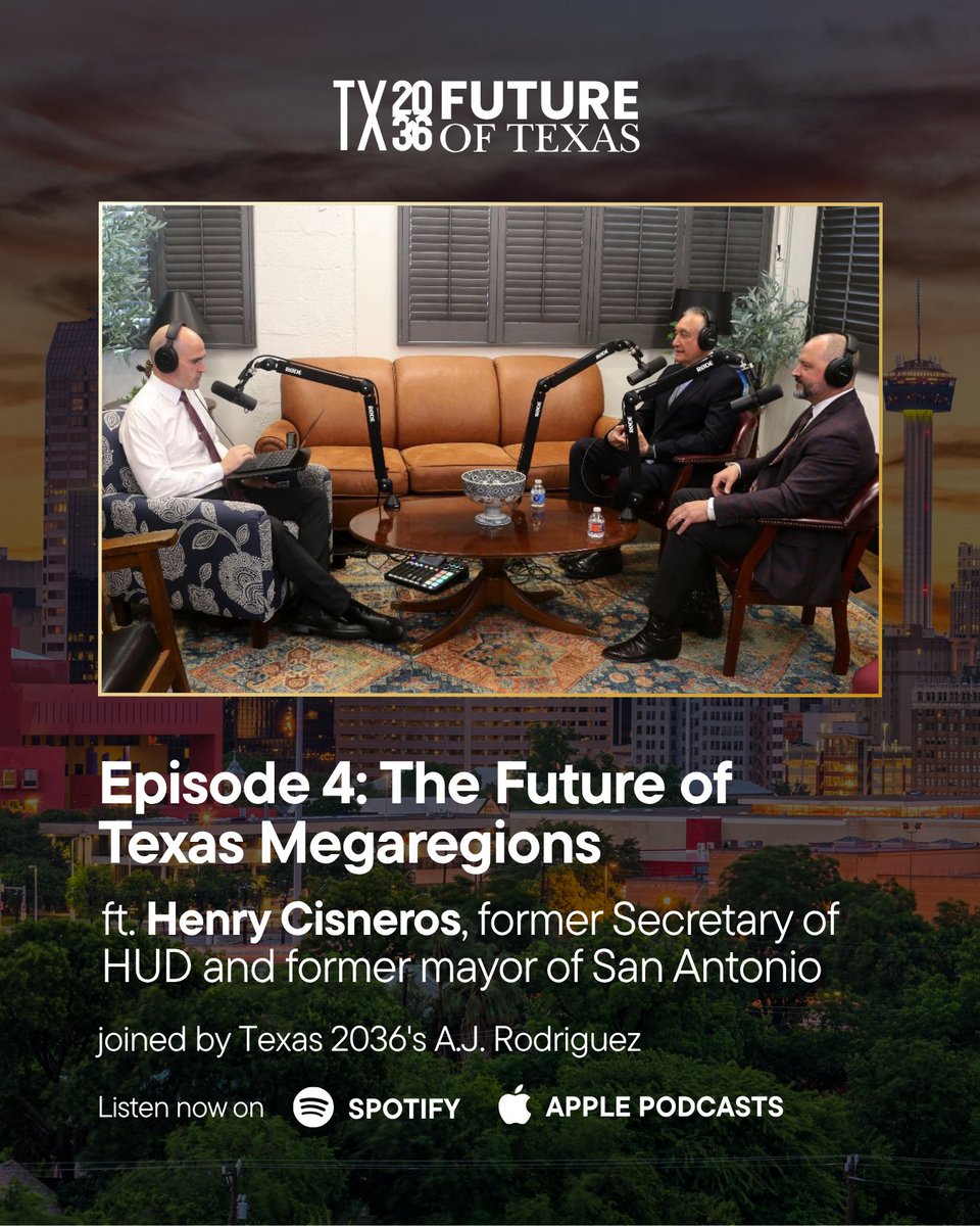 Texas2036's tweet photo. How can Texas best support the growth of its biggest cities? Find out in our latest podcast episode.

@henrygcisneros, former Secretary of HUD and former mayor of San Antonio, joins Texas 2036's @AJRodriguez2036 and host @bradswail to explore the future of urban growth in Texas.

🎧 Spotify: https://t.co/mmURJMeZhb
🎙️ Apple Podcasts: https://t.co/3PoTRFpfNb
