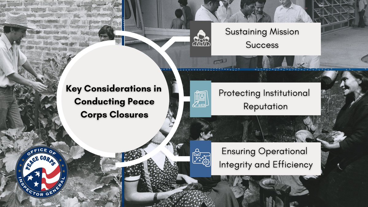 PCOIG's tweet photo. We identified 3 focus areas to ensure Peace Corps identifies and mitigates potential post closure risks. Read more to learn about important considerations for leaders, best practices and specific examples from prior post closures: https://t.co/PCdDicFgfZ https://t.co/J2sp4a8Gq1