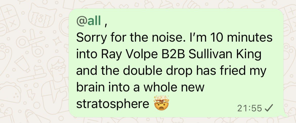 kimberleyann98's tweet image. Yes - this is a real message I have just put into my household WhatsApp chat while experiencing the @rayvolpe B2B @SullivanKing DJ set at #UltraMiami 😳🤯