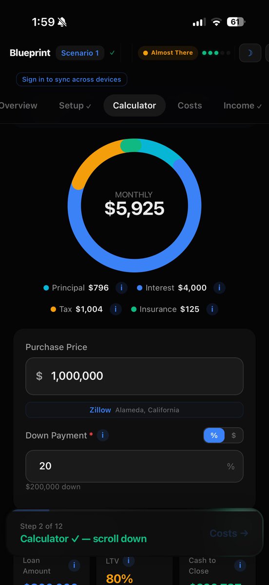 GrangerMortgage's tweet photo. I ran the numbers based on your situation in CA with the assumptions you provided ($1m pp, 20% down, 6% rate), assuming the buyers are married filing jointly with $200k in annual W2 income. Tax savings will be roughly $10k per year. 

These numbers dont have the cost for maintenance or opportunity cost on the $200k down. Those are real too. 

This is to help give context to tax savings piece for the “what am I missing”. It’s not nothing.