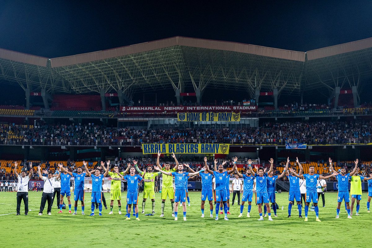 IndianFootball's tweet photo. Thank you to our 12th player 🙌

The #BlueTigers’ first-ever victory in Kochi ✨🇮🇳

#INDHKG #ACQ2027 #IndianFootball https://t.co/e3H3ngvBtu