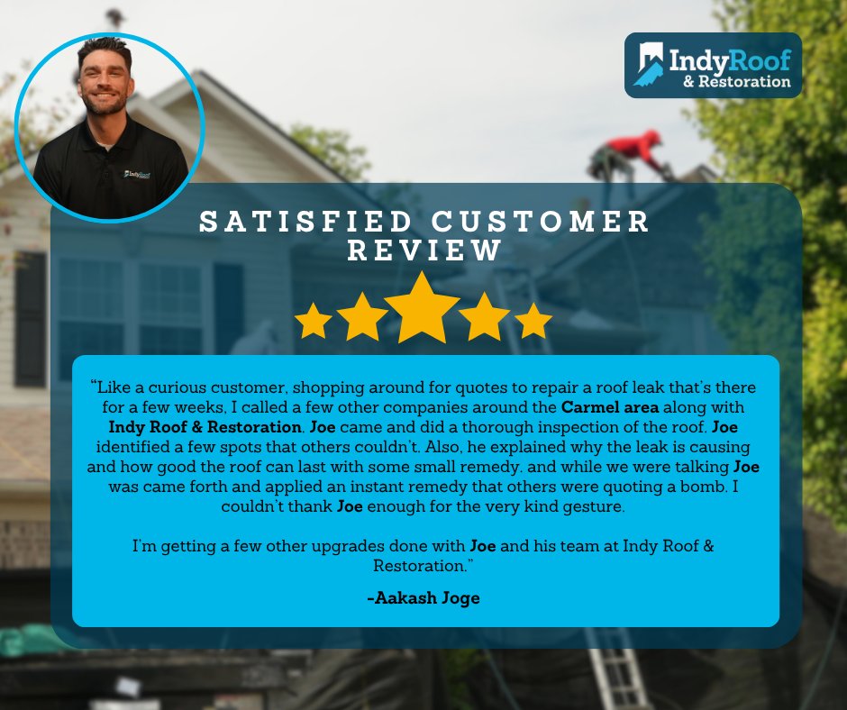 RoofIndy's tweet photo. Aakash was shopping around for a roof leak repair in the Carmel area when Joe stepped in. Instead of a massive bill, Aakash got a thorough inspection, an honest explanation, and an immediate solution.

This is the Indy Roof standard. Quality work. Honest people.

#Carmel #Roofing https://t.co/upeW2n2ygj