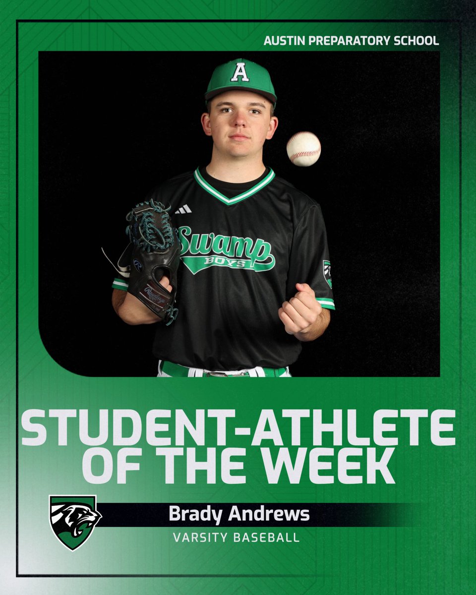 AustinPrepAD's tweet image. Brady Andrews has been named Austin Prep’s Student-Athlete of the Week! Brady was superb in Varsity Baseball’s season-opening win over KUA. Over four scoreless innings pitched, Brady struck out eight batters providing a commanding presence on the mound. @AustinPrepBase #Unitas