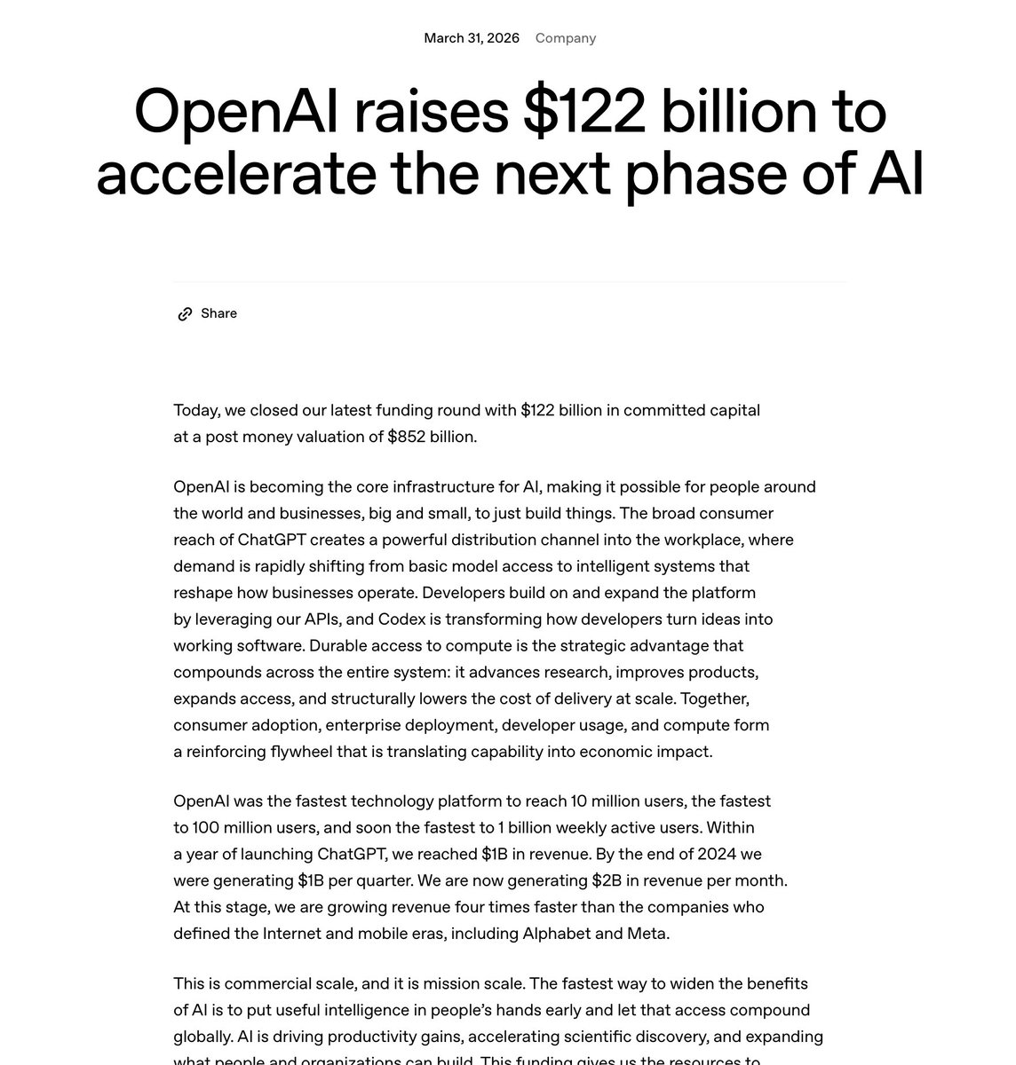 fortunesfada's tweet photo. NEWS: OpenAI just announced that it has officially closed their latest funding round with $122 billion in committed capital at a post money valuation of $852 billion. https://t.co/E5aL3KmB0W