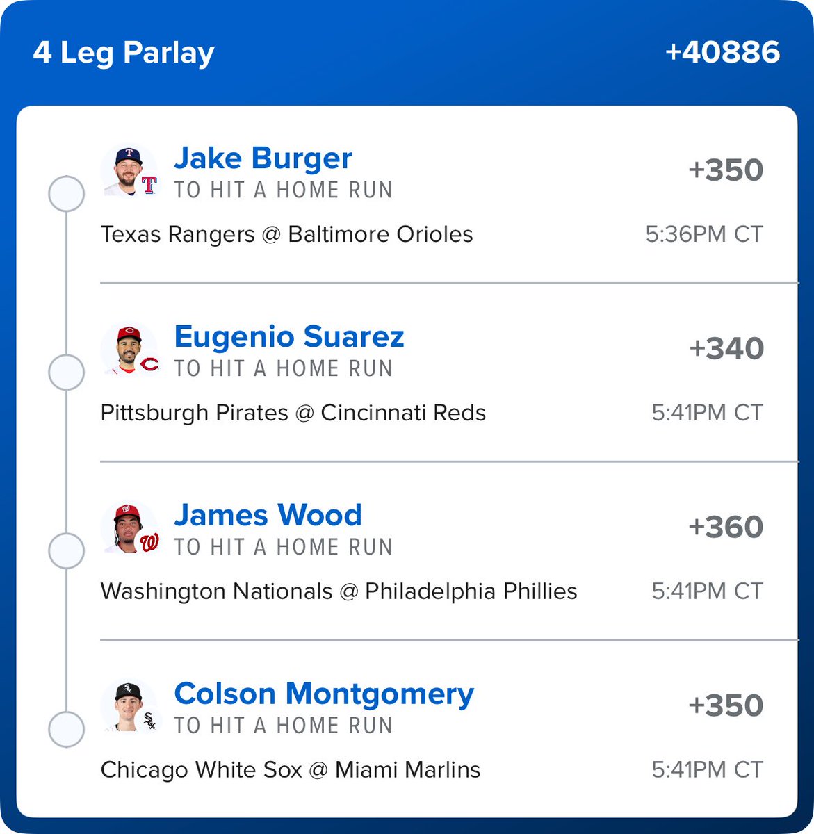 FANDUEL DINGER TUESDAY!

Who says Tuesdays stink? Using the no sweat or as they now call it “bet reset” promo so taking a big shot here!

💣 (+40886)

Burger 🍔
Suarez 🇻🇪
Wood 🌲
Montgomery ⚡️

Using my “one time” on this one and will never use it again if this hits!

Sprinkle it