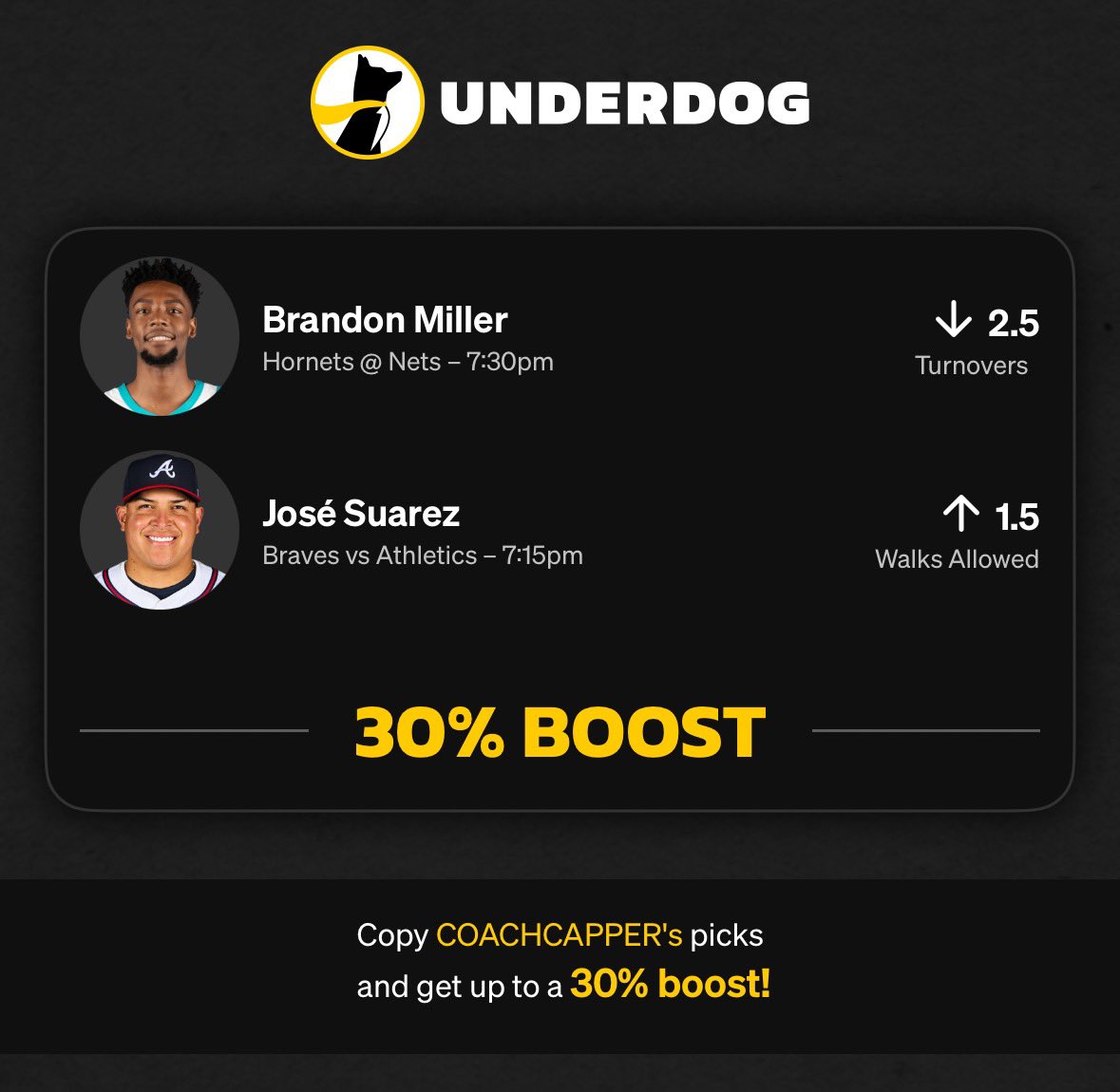 Thecoachcapper's tweet image. MLB + NBA Combo 

Underdog Play 

📊- @DGFantasy 

Copy the link in the comments to get that 30% boost as well! 

Let’s take this slip to the register 

#Underdog #DFS #GamblingTwiiter #SportsBetting